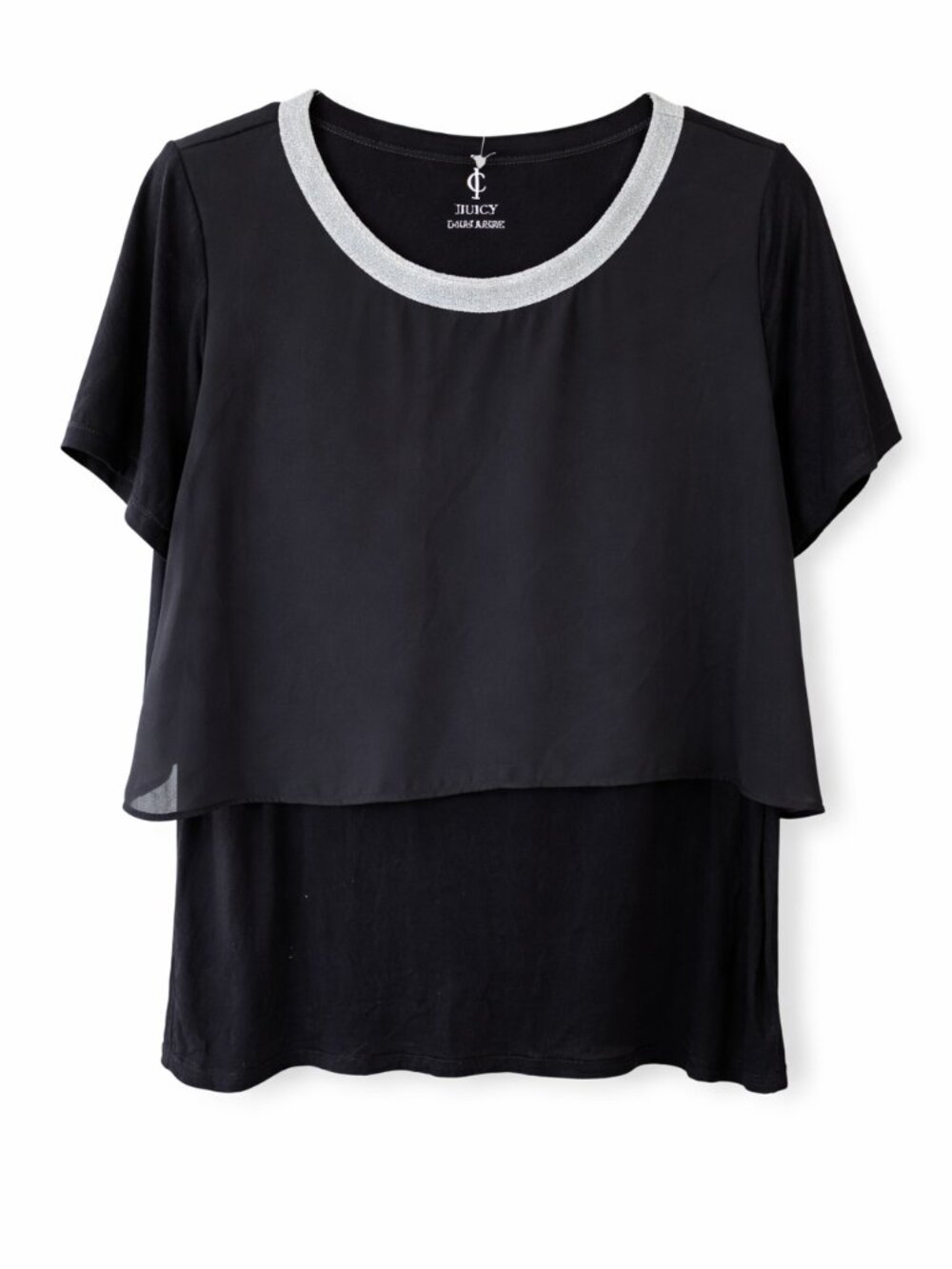 Juicy Couture Black Layered Top Womens L Silver Trim Y2K Sheer Overlay TShirt